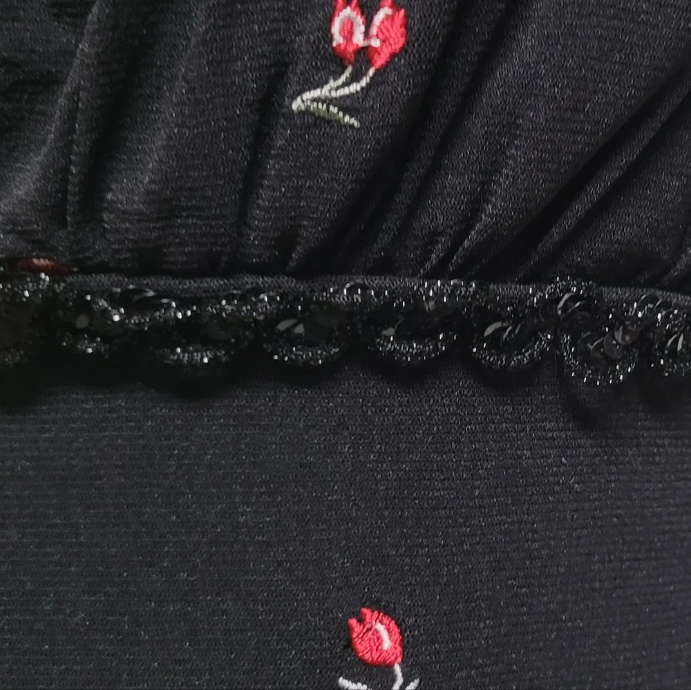 Rampage Vintage 80s Whimsigoth Black Red Ditsy Floral Puff Sleeve Babydoll Dress - Picture 4 of 11